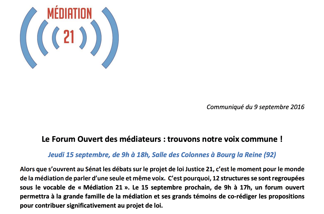 Le Forum Ouvert des médiateurs : trouvons notre voix commune ! Jeudi 15 septembre, de 9h à 18h, Salle des Colonnes à Bourg la Reine (92)
