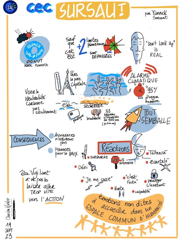 Sketchnote présentant les stratégies pour le sursaut climatique, avec des références au modèle du Donut économique, les réactions humaines à l'urgence écologique, et les conséquences pour les entreprises dans la transition écologique