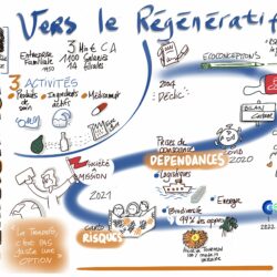 Sketchnote illustrant la transformation de entreprise familiale Expanscience, vers la durabilité et le régénératif avec des étapes clés comme l'adoption de l'écoconception, le statut de société à mission, et des engagements environnementaux. Par Spphie Robert-Velut
