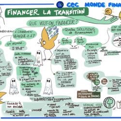 Note visuelle de la conférence de Jezabel Couppey-Soubeyran sur le financement de la transition écologique, présentée lors du parcours de la Convention des Entreprises pour le Climat Monde Financier. L'illustration colorée capture les principaux points abordés par Couppey-Soubeyran, notamment les défis du financement de la transition vers des pratiques plus écologiques. Elle explore les coûts réels, les sources de financement, et les stratégies nécessaires pour une transformation durable. L'image met en scène des éléments graphiques tels que des diagrammes et des bulles de texte qui résument les concepts de 'financement non rentable', 'réorientation des flux financiers', et 'innovation en financement