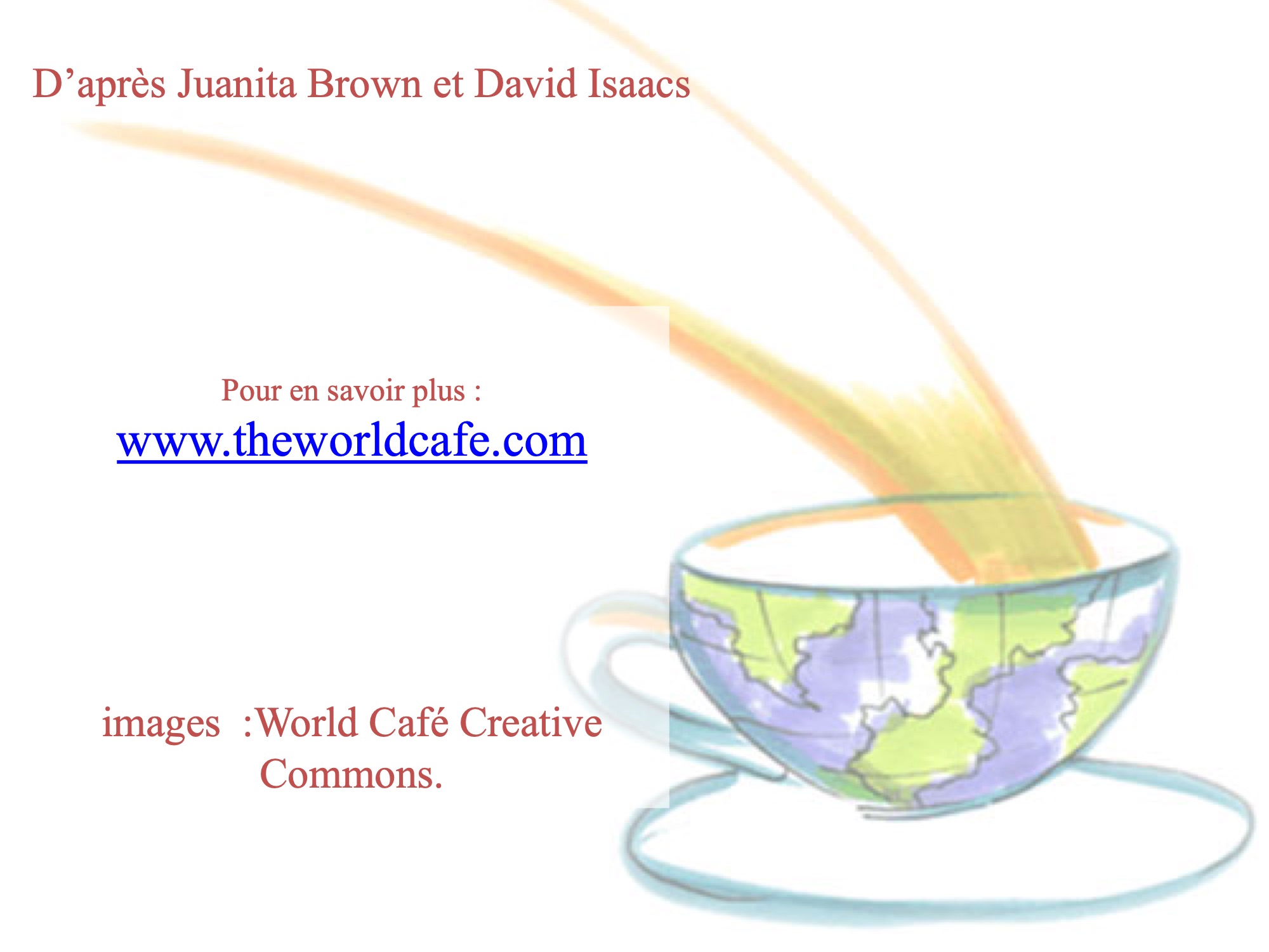 Pour en savoir plus sur le World cafe:www.theworldcafe.com


images  :World Café Creative Commons. 
