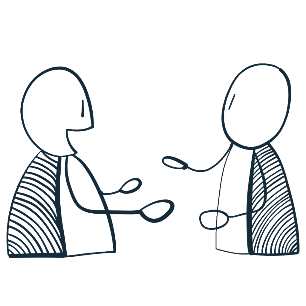 Deux personnes échangent face à face, illustration en traits bleu foncé.