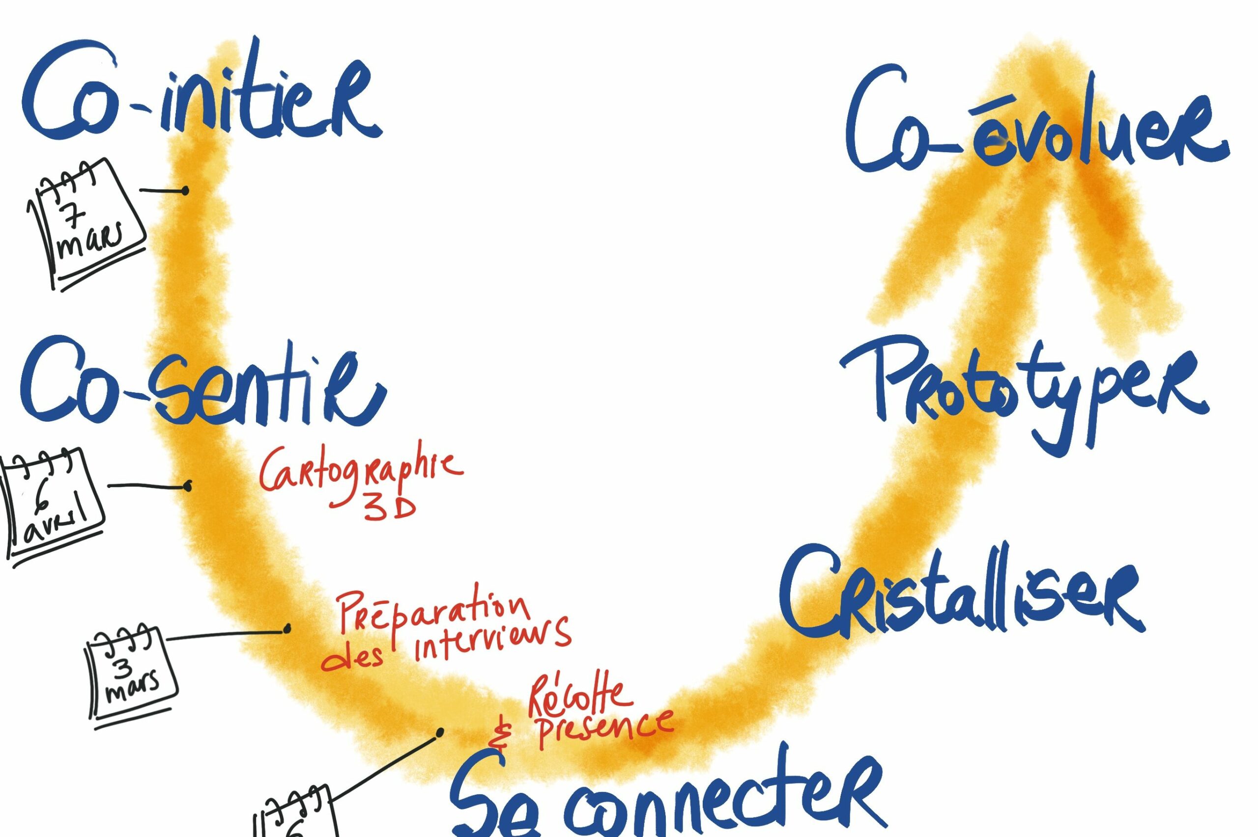 les étapes du U de la théory U : initier, co-sentir, se connecter, cristalliser, prototyper, co-évoluer
